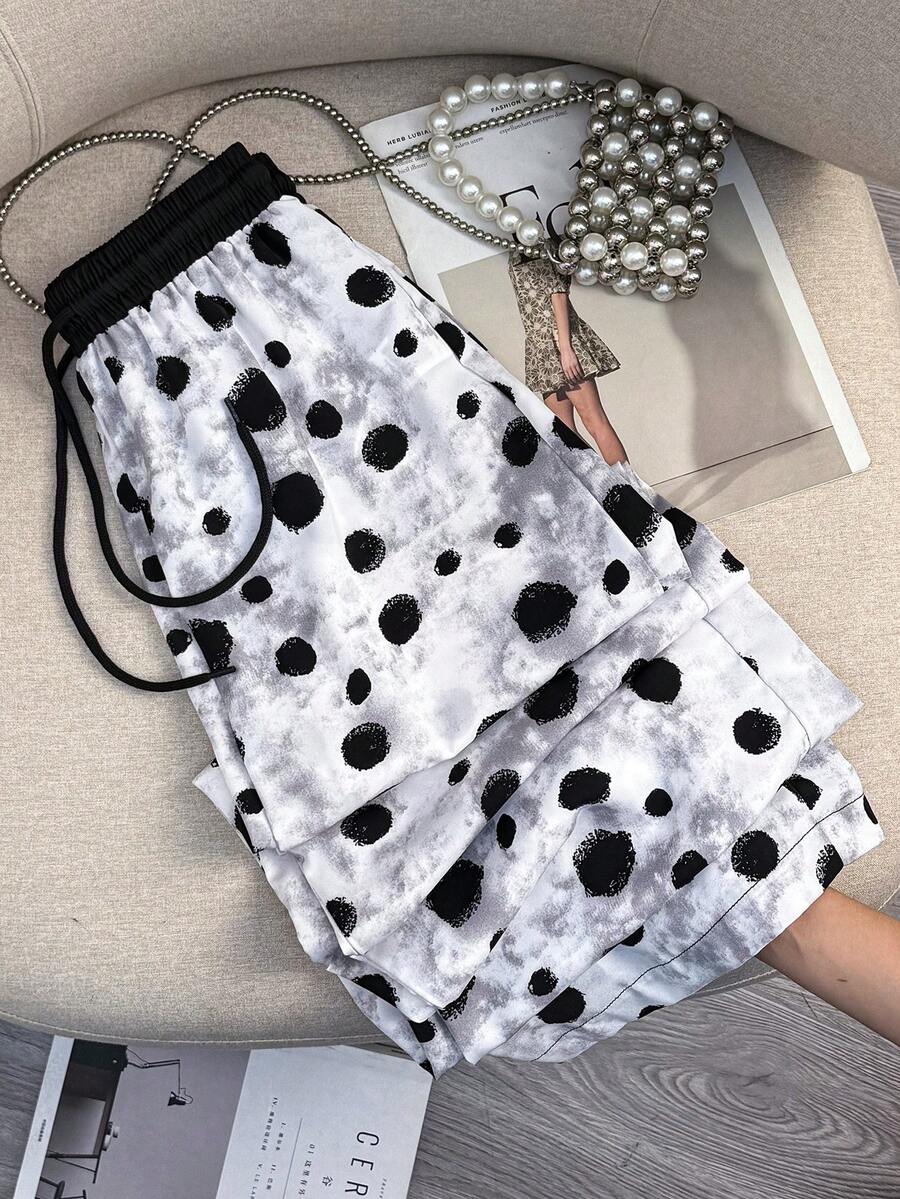 GlowEve Women's Drawstring Waist Polka Dot Pattern Wide Leg Loose Casual Pants - Black and White - View 1