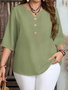 EMERY ROSE Plus Size Women's Solid Color V-Neck Casual Minimalist Short Sleeve Shirt, Suitable For Summer - Green - View 1