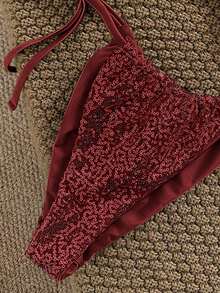 Swim Vcay Bộ bikini hai mảnh màu xanh lá cây lấp lánh, dây mảnh, hở lưng, buộc dây bên hông, cạp cao, thích hợp cho mùa Xuân/Hè 2026, dành cho người có tầm ảnh hưởng. - Đỏ - Xem 6