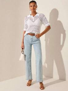 Lilora Casual White Knitwear Polo Sweater For Women Sheer Short Sleeve Regular Length Drop Shoulder Style - White - View 5