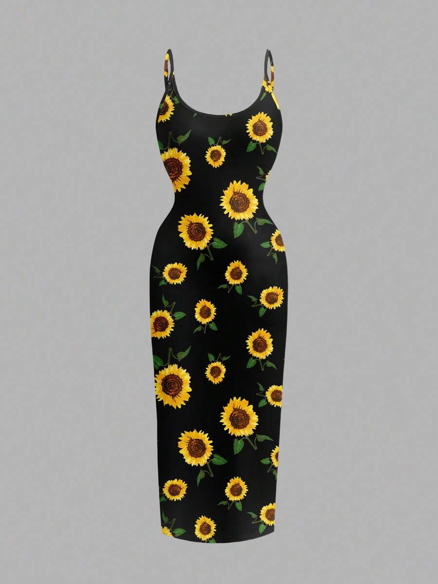 SHEIN EZwear 大码女式休闲简约修身吊带长裙，向日葵印花，适合夏季穿着 - 彩色 - 查看 1