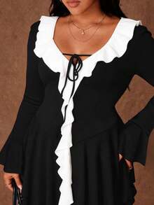 Rustia Đầm ôm dáng tay xòe, cổ chữ V, xếp ly, thắt eo, gợi cảm, mới cho mùa xuân. - màu đen - Xem 5