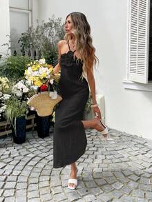 Sylviya Women's Casual Tropical Elegant Tropical Tropical 3D Floral Halter Slit Dress Neck Black Maxi Long Summer Beach Vacation Vacation Vacation Outfit - Black - View 6