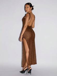 SHEIN ICON 音乐节性感露背深V高开衩连衣裙 - 卡其色 - 查看 1