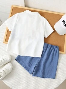 SHEIN 两件套男童字母图案撞色 Polo 领短袖开衫和纯色休闲短裤，幼儿男童衬衫套装 - 彩色 - 查看 5