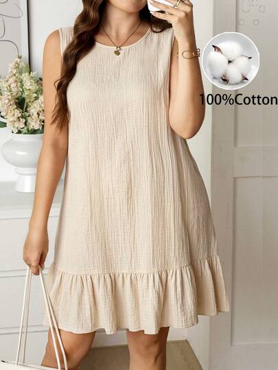 SHEIN LUNE 大码女式黑色波点印花圆领连衣裙