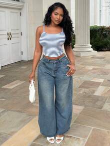 Alexandranx 女款條紋印花夏季細肩帶背心上衣 - 藍色 - 查看 5