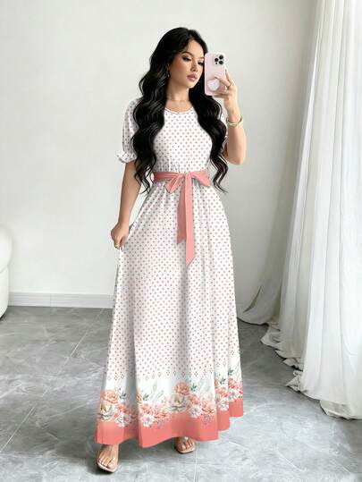 Modelyn Vestido largo con estampado de lunares y flores degradadas, diseño de cuello redondo, manga corta abullonada y cinturón en la cintura para mujer. Vestido midi elegante para verano, adecuado para vacaciones y uso diario