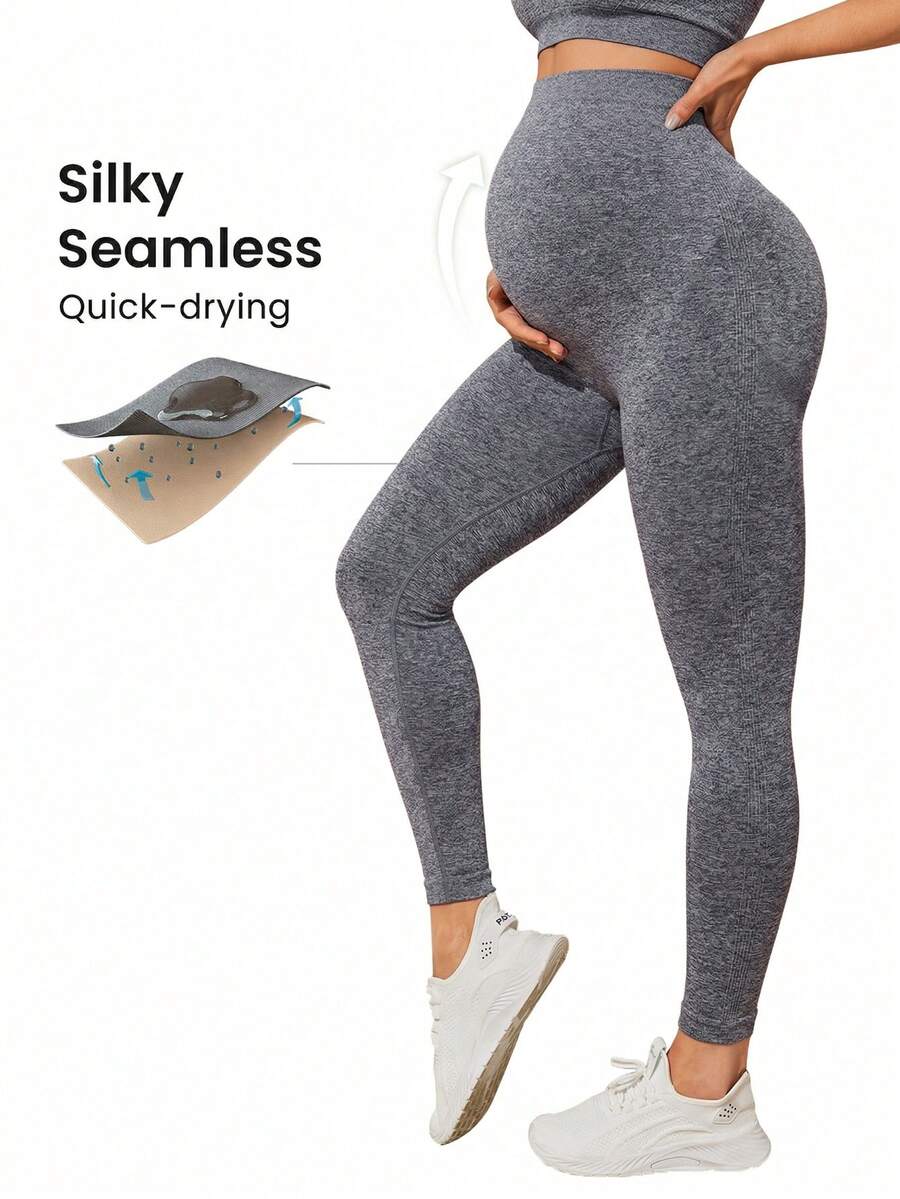 SHEIN 孕妇纯色高腰休闲运动七分裤 - 燧石 - 查看 1