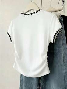 Resyla Women's Graphic Tee, Dog Tooth Embroidery Design, Back To School Season, Butterfly Print, Summer New Arrival, Fitted Waist, White, Versatile & Elegant, Office & Casual Wear - White - View 2