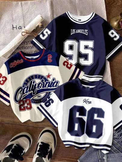 新款青少年男童休闲简约Y2K风格英文字母、数字23、数字66、运动风、美式复古、撞色拼接宽松舒适短袖圆领T恤，适合春夏穿着