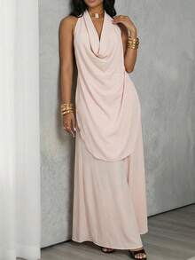 BamGleam Women Elegant Peach Pink Summer 2-Piece Set,Halter Draping Collar Sleeveless Open Back Top & Loose Wide-Leg Pants,Casual Chic Brunch Outfit Graduation - Apricot - View 4