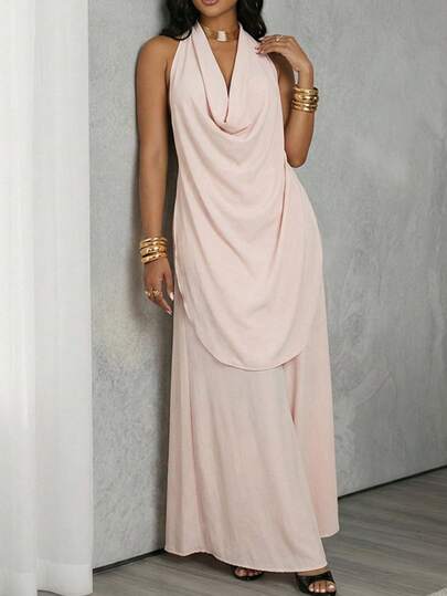 Swim Vcay Conjunto de 2 piezas para mujer con top elegante y casual de diseño suave con diseño de cuello halter, cuello drapeado, sin mangas, hombros abiertos, diseño de espalda abierta, combinado con pantalones anchos de pierna ancha, Primavera/Verano 2026