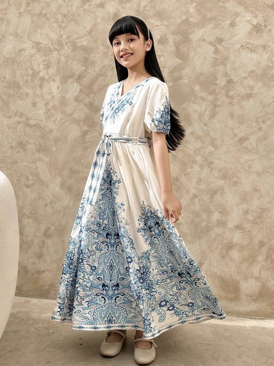 Dazy Kids Tween Girls Elegant Floral V-Neck Puff Sleeve Belted Mid-Length Dress, Autumn Summer Vacation - Blue - View 1