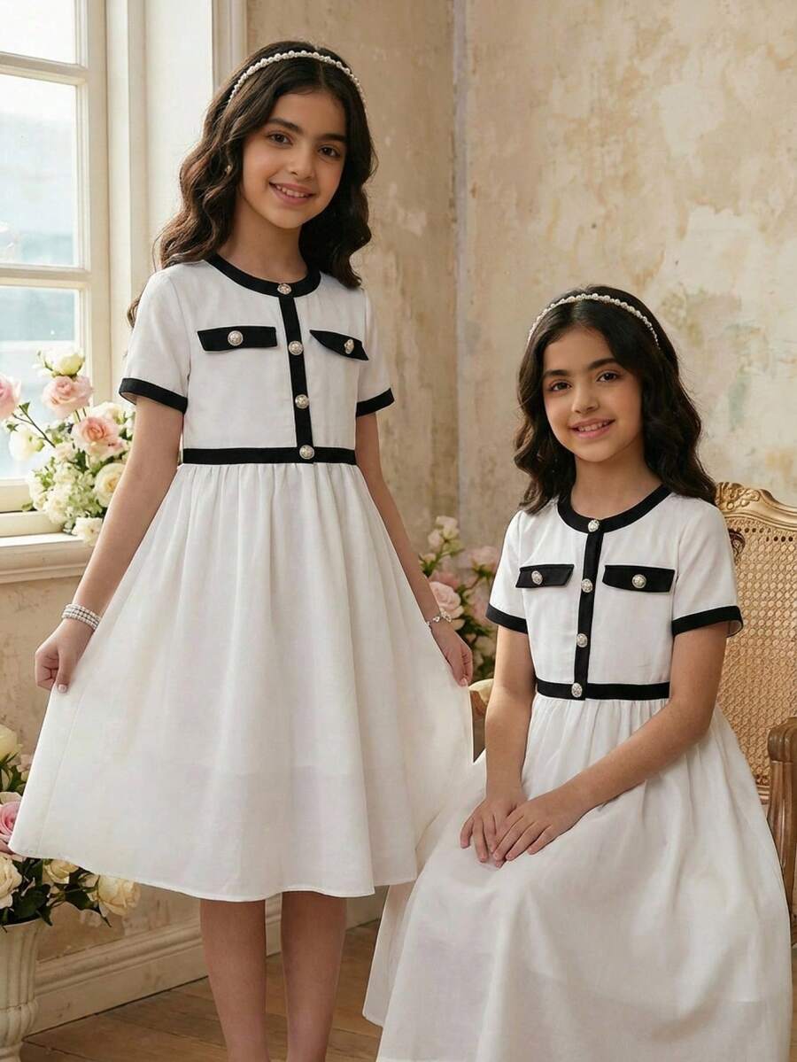 Tween Girl Elegant Round Neck Short Sleeve Colorblock T-Shirt And Skirt Set Tween Girl - White - View 1