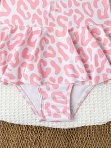 Young Girl One-Piece Swimsuit,Pink Leopard Print Long Sleeve Rash Guard For Kids,Cute Ruffled Sun Protection Swimwear For Summer,Beach,Holiday - Pink - View 3