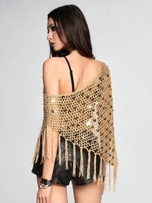 ROMWE Avant Vacation Style Brown Sequin Fringe Crochet Shawl Top - Brown - View 4