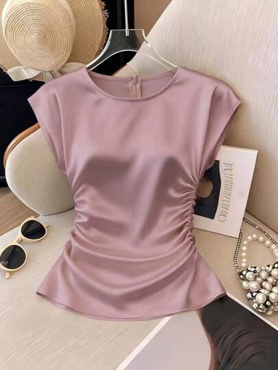 Franclia Blusa elegante de mujer con cuello redondo, ajustada a la cintura, con pliegues y mangas cortas, versátil y de color melocotón claro sólido