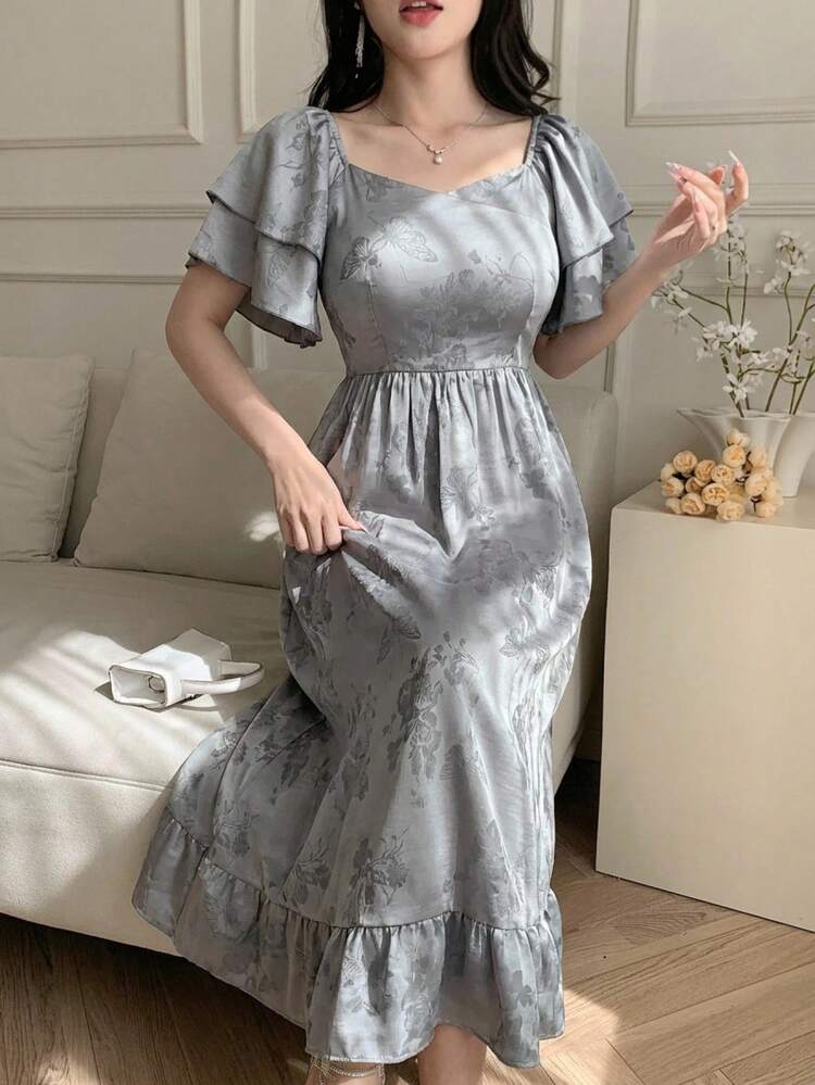 Butterfly Jacquard Flare Sleeve Cinched Waist Long Dress For Women Floral Dresses For Women