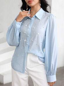 Modelyn Blusa holgada con cuentas de burbuja de color azul claro, primavera/verano - Celeste - Ver 7