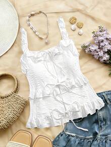 Roelina New Summer Women's French Elegant Ruffle Tie Strap Cropped Camisole - White - View 3