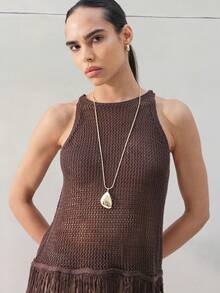 KSTM 女士无袖棕色网眼针织背心，流苏下摆，高领露背设计，波西米亚风纹理夏季节日上衣 - 咖啡棕 - 查看 6
