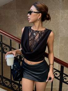 Siren Gaze Black Lace-Trimmed Deep V-Neck Pleated Sleeveless Stylish Shirt Top, Sexy And Elegant Design, Cropped Style, Casual And Versatile For Women. - Black - View 1