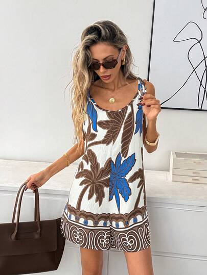Easowa Retro Printed Sleeveless Jumpsuit For Women, Suitable For Resort, Casual Vacation, Beach Holiday, Daily Casual Wear, Spring/Summer