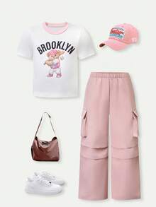 SHEIN Casuvi Kids 两件套女童针织白色短袖T恤和蓝色针织亮片蝴蝶结工装裤，时尚夏季套装 - 粉色 - 查看 1