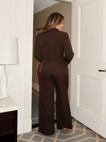 Maria Perezxox Conjunto de chaqueta y pantalones de unicolor con cintura ceñida para mujer - Marrón - Ver 2