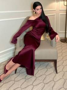 hhfernanda Valentine's Day Minimalist High-Quality Taffeta Asymmetric Shoulder Ruched Flare Sleeve Long Waist-Cinched Fishtail Dress,Dresses For Women Elegant,New Year Dress ,Elegant Party Dresses,Dresses For Women Elegant - Maroon - View 6