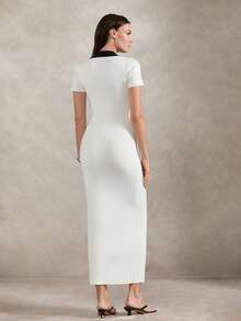 Briarwyn 女士撞色纽扣半开襟短袖修身针织连衣裙 - 白色 - 查看 2