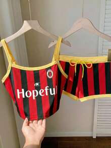 Comfortcana Bộ 2 món gồm áo hai dây croptop và quần short kẻ sọc phối màu mùa hè, thích hợp mặc đi cổ vũ câu lạc bộ bóng đá, làm đồ lưu niệm cho người hâm mộ, trang phục ngày thi đấu World Cup. - Nhiều màu - Xem 7