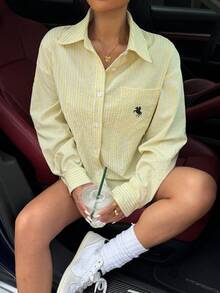 Muchica 女士条纹马术印花单排扣休闲百搭日常长袖衬衫 - 黃色 - 查看 1