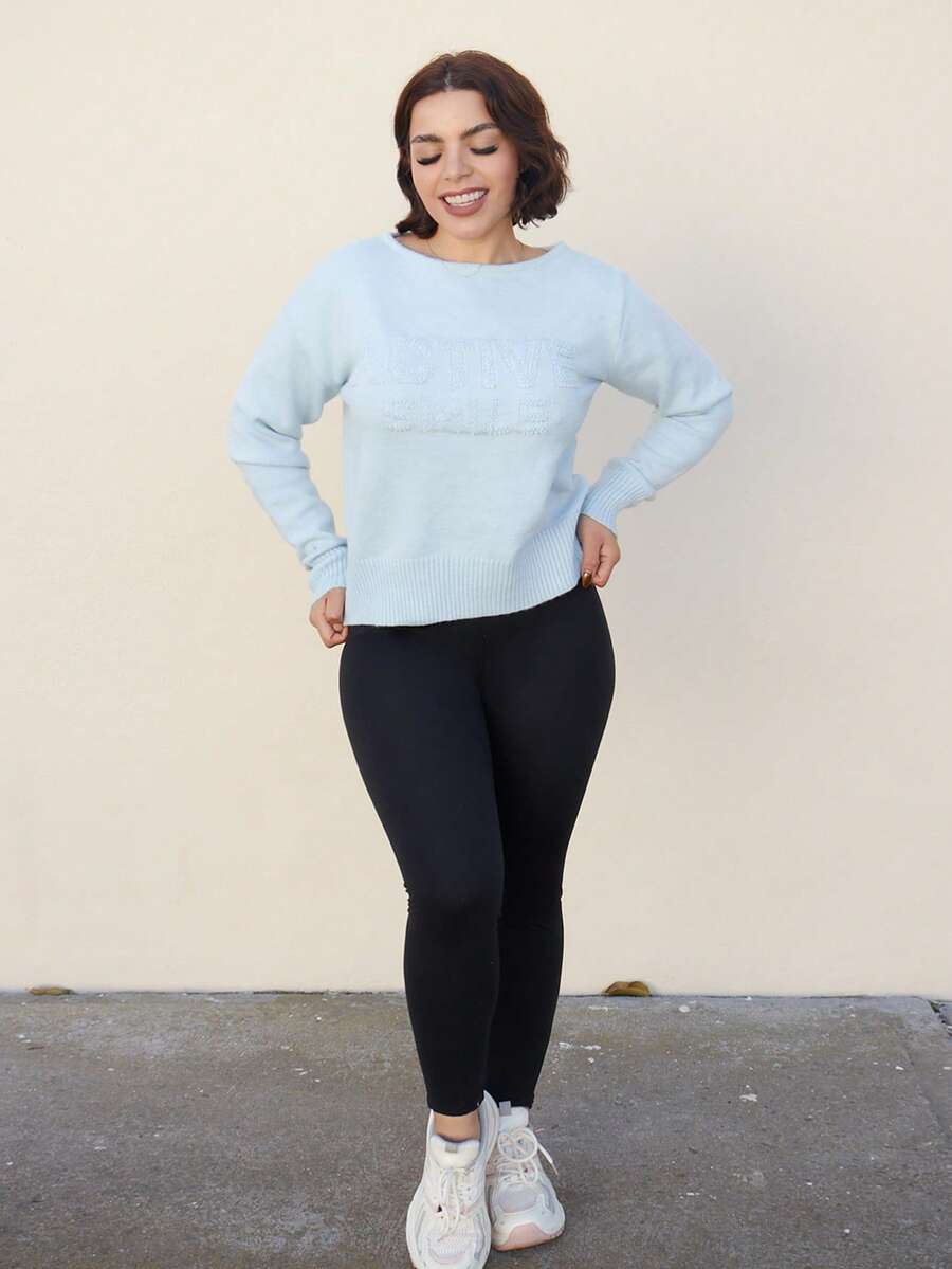 Lupita Cardoza 女士休闲不对称领字母图案毛衣，秋冬 - 藍色 - 查看 1