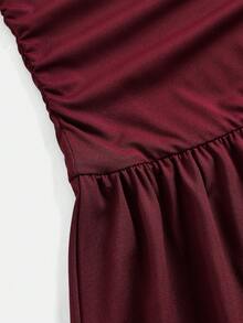 SHEIN 少女纯色酒红色串珠优雅复古返校/派对装、生日装、舞会礼服，针织露肩褶皱长裙，适合居家、户外、派对、聚会等各种场合，露肩中长连衣裙 - 酒紅色 - 查看 11