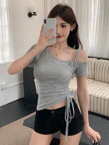 DAZY 夏季新款3D蝴蝶装饰修身性感女式T恤 - 灰色 - 查看 8