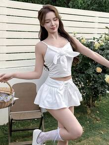 K-Vae 女士蝴蝶结腰带超短碎花泡泡短裤，性感派对/约会装，韩版，白色荷叶边A字裙短裤，防走光，甜美超短裙短裤，春夏款 - 白色 - 查看 5