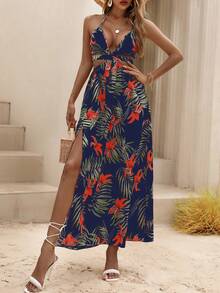Breezaya Đầm maxi dài xẻ đùi, thắt nút, hở lưng, in họa tiết nhiệt đới, thích hợp cho kỳ nghỉ biển, trang phục dành cho nữ. - Màu xanh hải quân - Xem 6