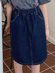 DAZY Chân váy denim dáng chữ A cho bé gái tuổi teen với túi lớn - Rửa tối - Xem 3
