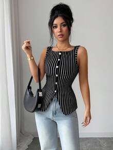 Selianne Women's Fashion Dual-Color Striped Ribbed Sleeveless Round Neck Button Fitted Tank Top, Elegant Commuter Style Latest Tops For Women New Arrivals - Black - View 4