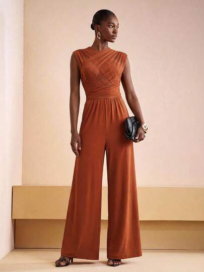 Zivah Mono de mujer de malla con estilo cruzado rojo-marrón, elegante y casual, de caliente para la primavera/verano 2026. Adecuado para salidas diarias, fiestas, viajes, estilo bohemio, playa, aeropuerto, brunch, festivales y atuendo de invitada de boda, vacaciones.