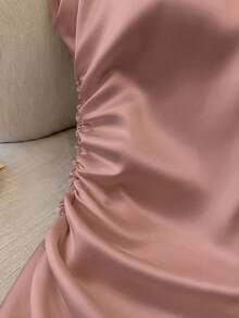 Franclia Women's Elegant Round Neck Waist Fitted Pleated Short Sleeve Versatile Solid Light Peach Blouse - Rusty Rose - View 5