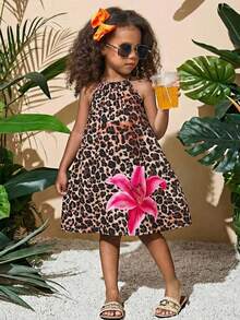 SHEIN 女童豹纹编织套头无袖休闲连衣裙 - 卡其色 - 查看 2