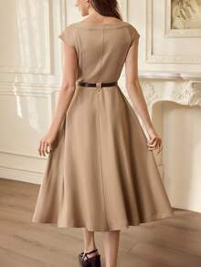Vintamour Vintage klassisch elegantes Damenkleid, Frühling/Sommer tailliertes Raglanärmel Kleid, Jumpsuit Kleid mit Tasche, Knopfkleid, Khakikleid - Khaki - Übersicht 2