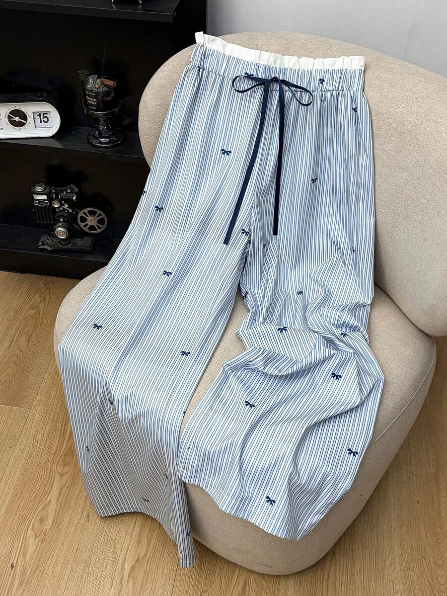 GlowEve 女士休闲阔腿印花条纹蝴蝶结长裤 - 藍白色 - 查看 1