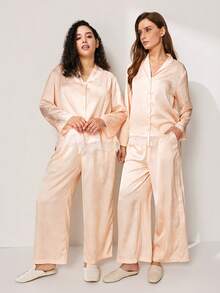 LUVLETTE 四季皆宜的香槟色缎面睡衣套装 - 长袖上衣和蕾丝边阔腿裤 - 杏色 - 查看 7