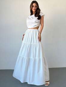 Firerie Women's New White Pleated Cropped Top And Layered Long Skirt Set, Summer White Vacation Midi Skirt Set, Elastic Waist Long Skirt Set, Bohemian Style Set, Spring Summer Outfit, Elegant, Commute, Date, Boho, Vacation, Beach, Skirt Set, Ladies 2-Piece - White - View 7