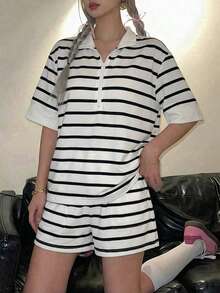 SHEIN Explorewe 2件套女士及少女休闲条纹Polo衫套装，宽松拉链Polo领短袖上衣配口袋阔腿短裤，撞色条纹通勤运动套装 - 黑與白 - 查看 1