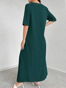 Mulvari Women's Solid Color Round Neck Pleated Casual Party Dress, Suitable For Summer Casual Long Dress - Dark Green - View 7
